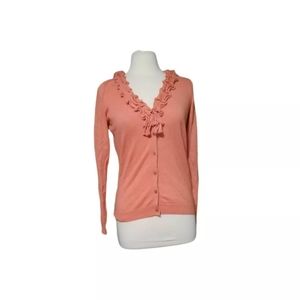 Talbots S Button Front Ruffle Neck Sweater Blouse Cardigan Coral Woman P…